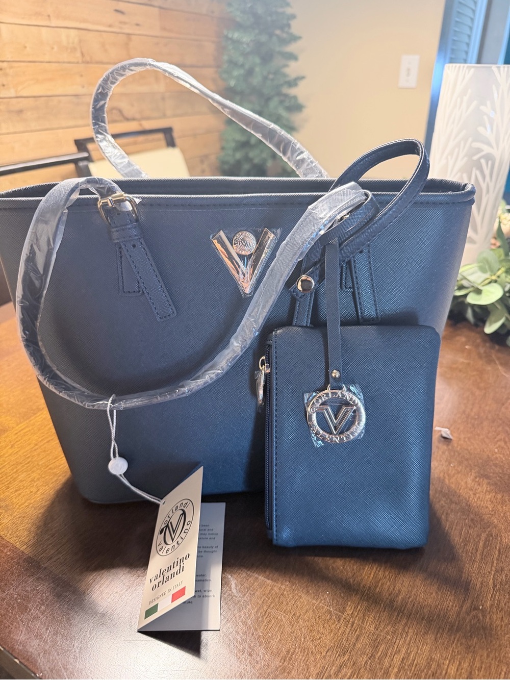 Valentino Orlandi Deep Navy Saffiano Tote with Matching Wristlet